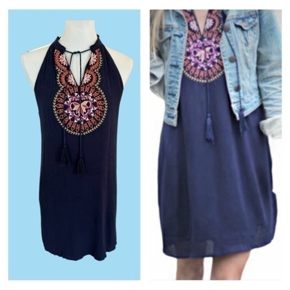 THML blue embroidered sleeveless shift dress
